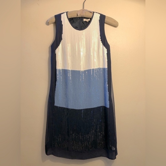 Shoshanna Striped Sequin Mini Dress Sleeveless Blue White Shift Designer Size 2 - Picture 8 of 11